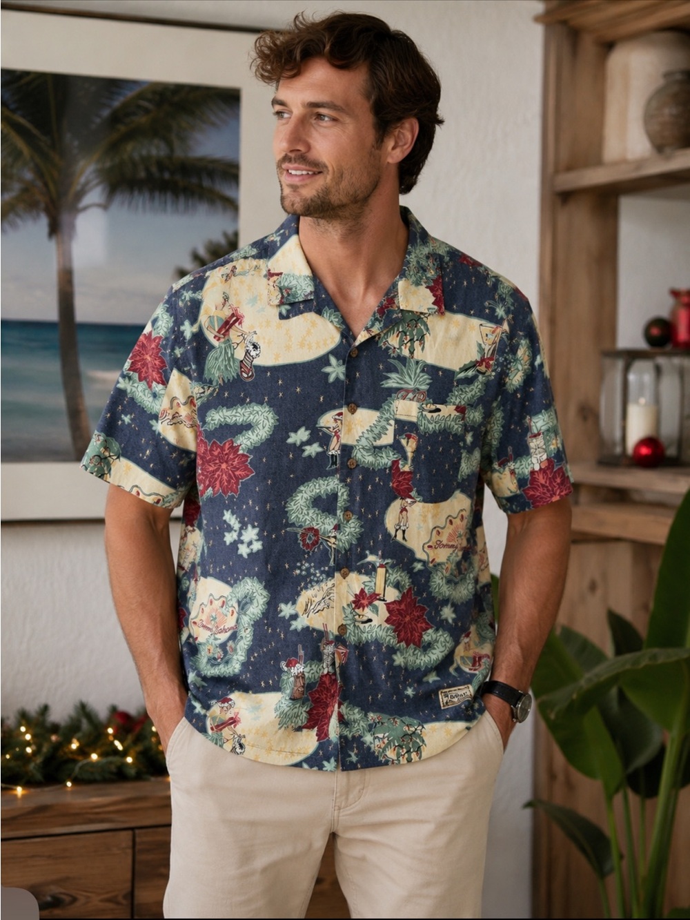 Tommy Bahama Navy Holiday Print Short-Sleeve Button-Down